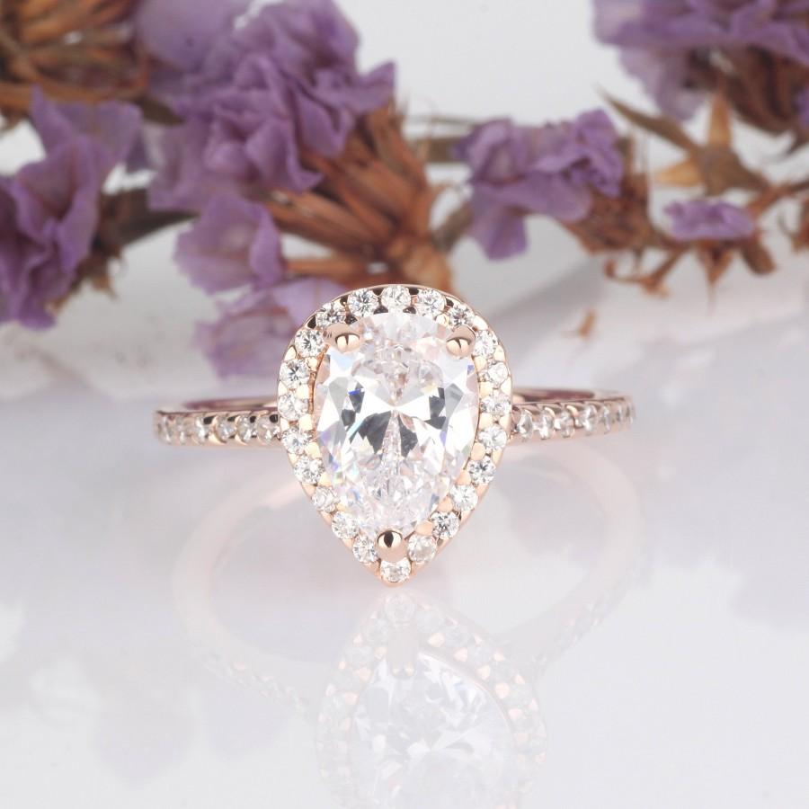 Wedding - 1.8 Carats Pear Shaped Diamond Simulated Ring / Halo Ring Half Eternity Wedding Engagement Ring / Sterling Silver Ring Rose Gold Plated
