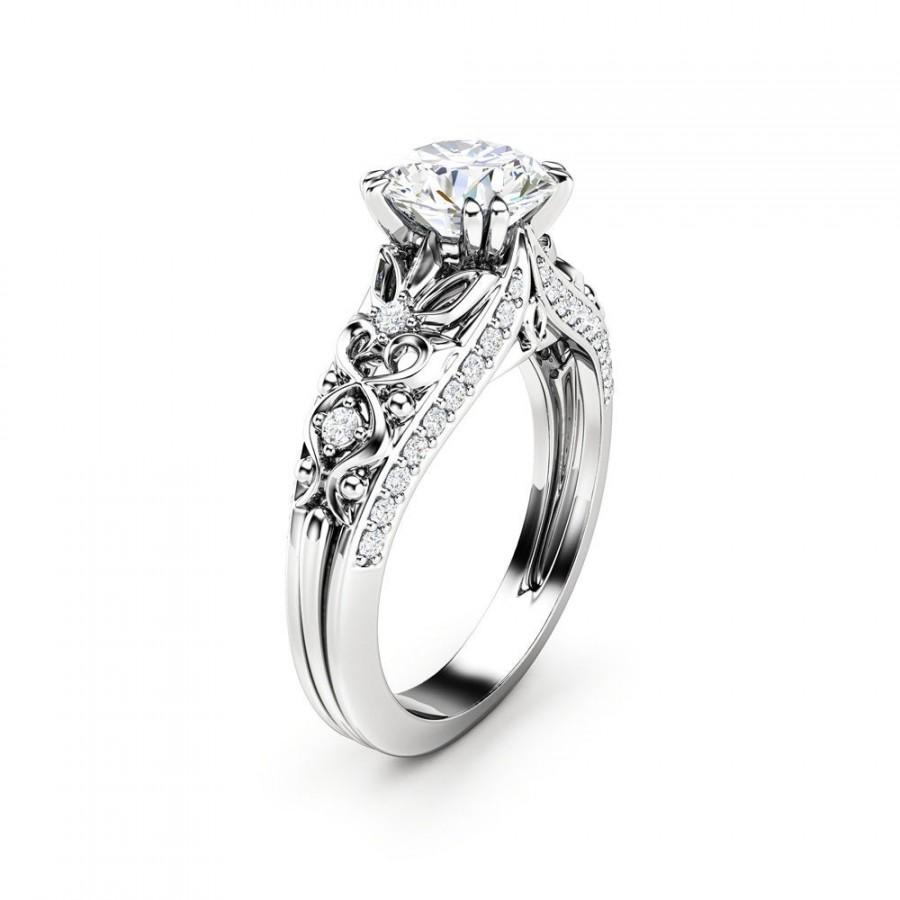 Hochzeit - Unique Diamond White Gold Engagement Ring Filigree Art Deco Ring Laboratory Diamond Engagement Ring