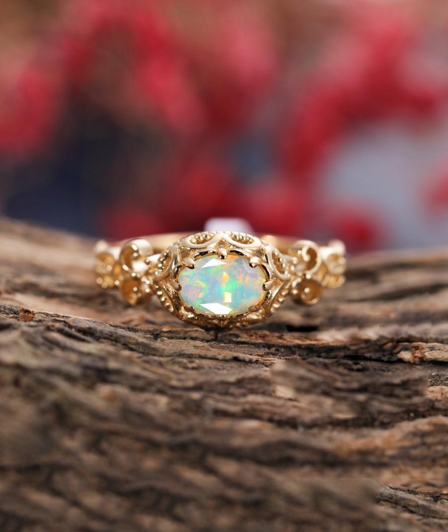 زفاف - Vintage oval cut opal engagement ring yellow gold, art deco ring unique ring ,delicate ring milgrain ring, promise ring,anniversary ring