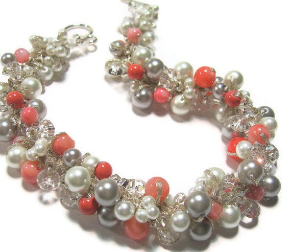 زفاف - Pearl BRIDAL Necklace, POPPY, Coral, Guava, Persimmon, Salmon, White, Silver Grey, Limited Edition Color Pearl. Original Sereba Designs
