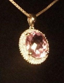Hochzeit - 14K White Gold, Pink Topaz and Diamond Pendant, 3.1 Grams