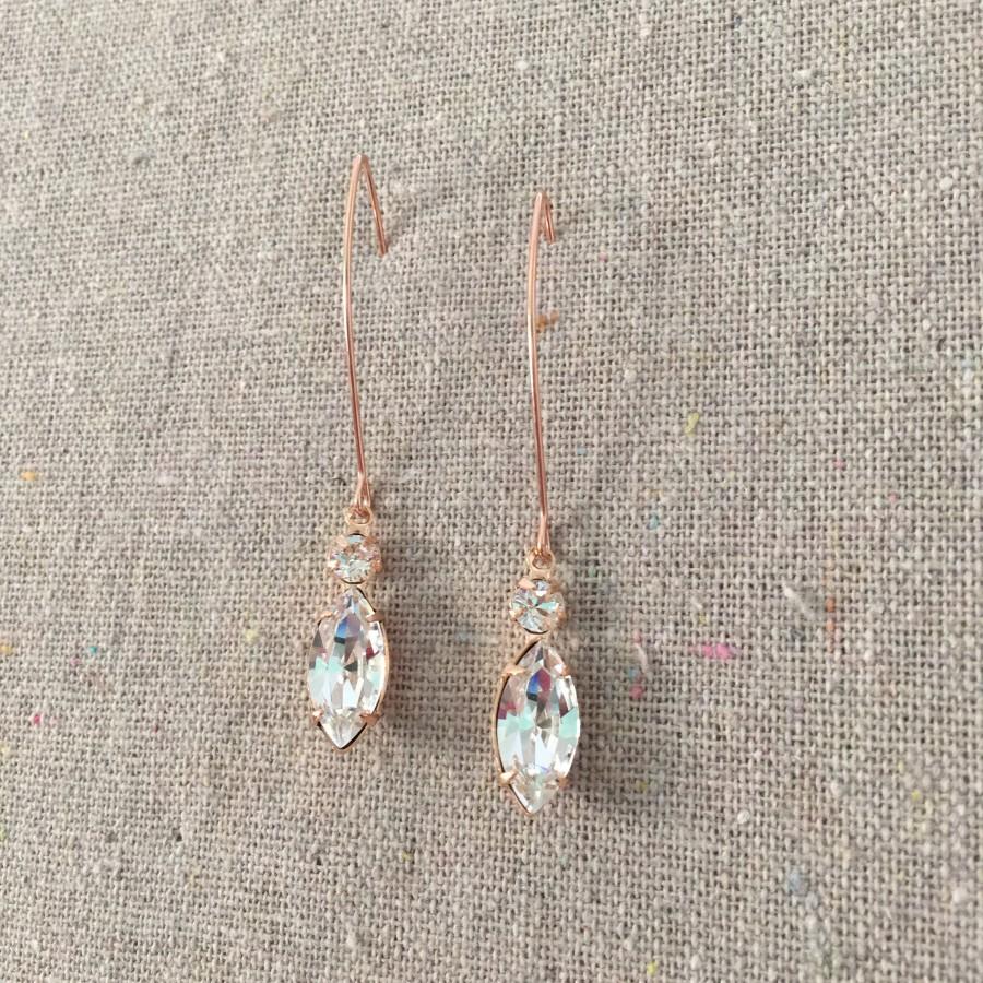 Wedding - Swarovski Crystal Earrings, Crystal Bridal Earrings, Faux Diamond Marquise Earrings, Rose Gold Wedding Earrings, Long Dangling Earrings