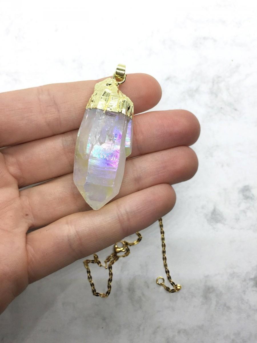 زفاف - Angel aura spirit quartz, Spirit quartz pendant necklace gold, Raw aura quartz crystal necklace, Angel aura crystal point necklace