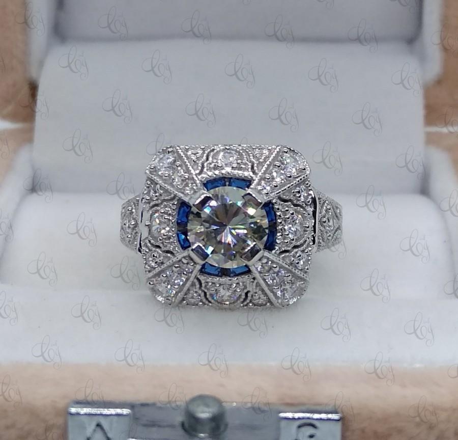 Wedding - 1.90 Ct Round Cut Near White Moissanite and Sapphire Art Deco Engagement Cocktail Ring In 925 Sterling Silver