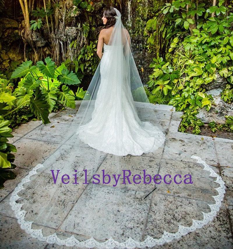 Wedding - Ready to Ship Lace Bottom Veil-1 tier lace bottom cathedral veil,stock cathedral lace wedding veil V638B