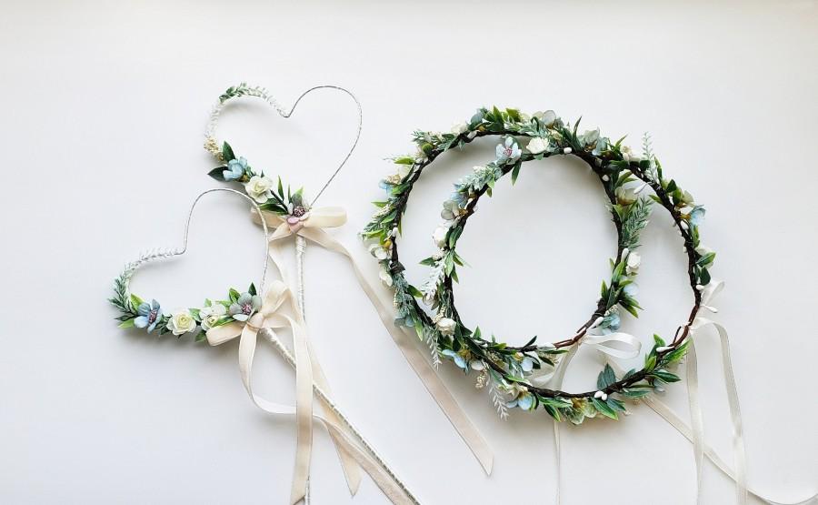 Wedding - Wedding floral wand Bridal floral wand Flower girl wand Sage green floral wand Rustic floral crown Sage green crown Flower girl crown