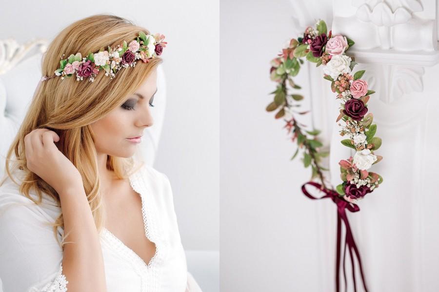 زفاف - Burgundy Flower Crown Wedding, Bridal headpiece, Hair Wreath Tiara,Bridal hair flowers,Wedding Hair Accessories Headband, dried babys breath
