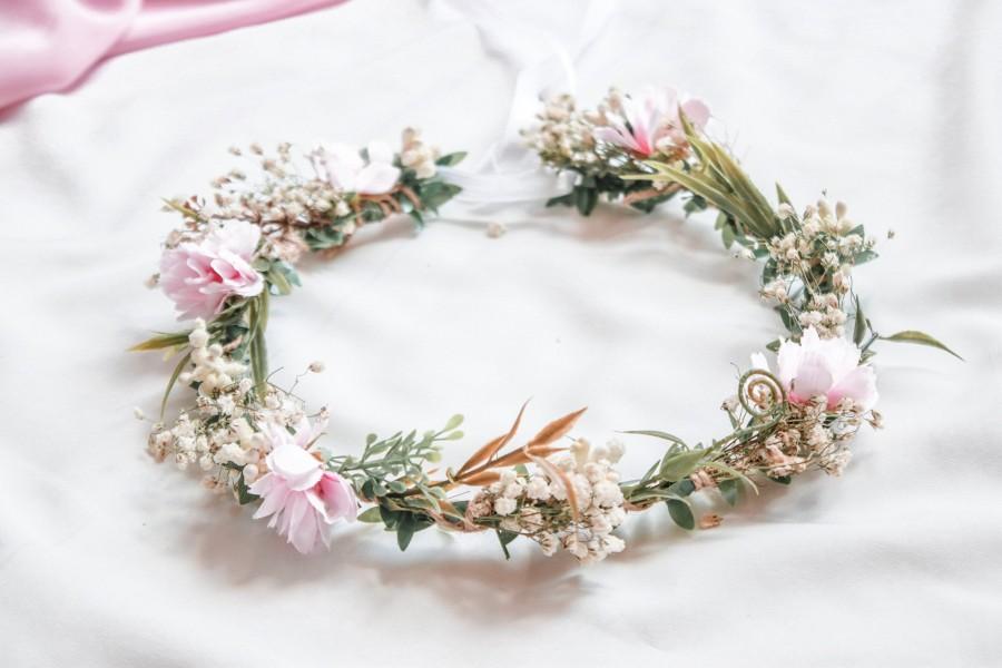 Hochzeit - Baby's breath Flower Crown, with Blush Pink Cherry Blossoms, wedding wreath, gypsophila wedding crown, boho flower crown