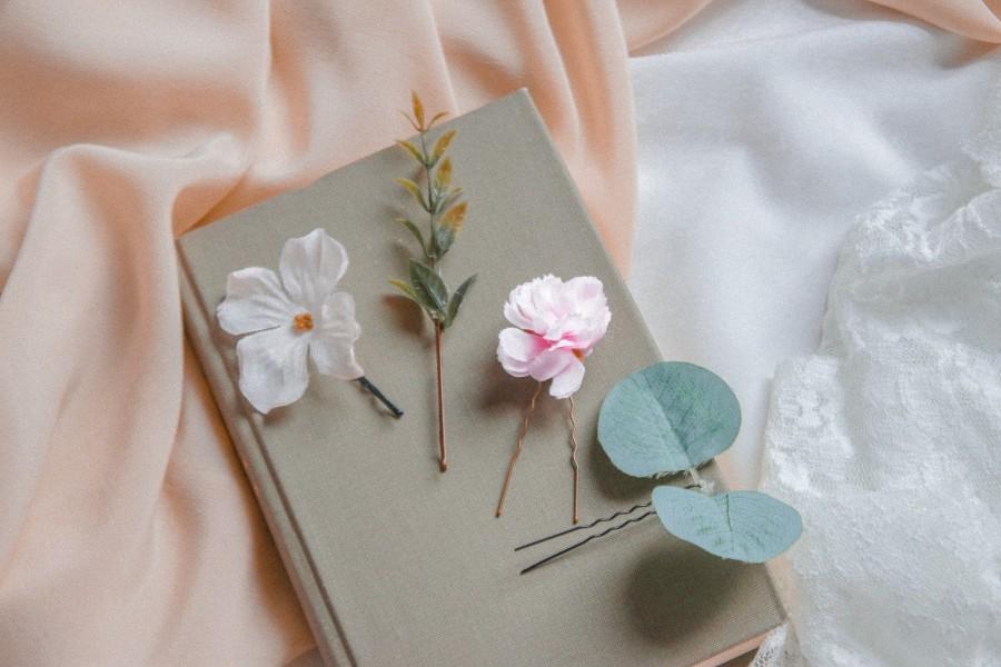 زفاف - Rustic Flower Hair Pin Set 4 Piece, Eucalyptus Hair Pin Set, Boho Weddings, Beach Weddings,