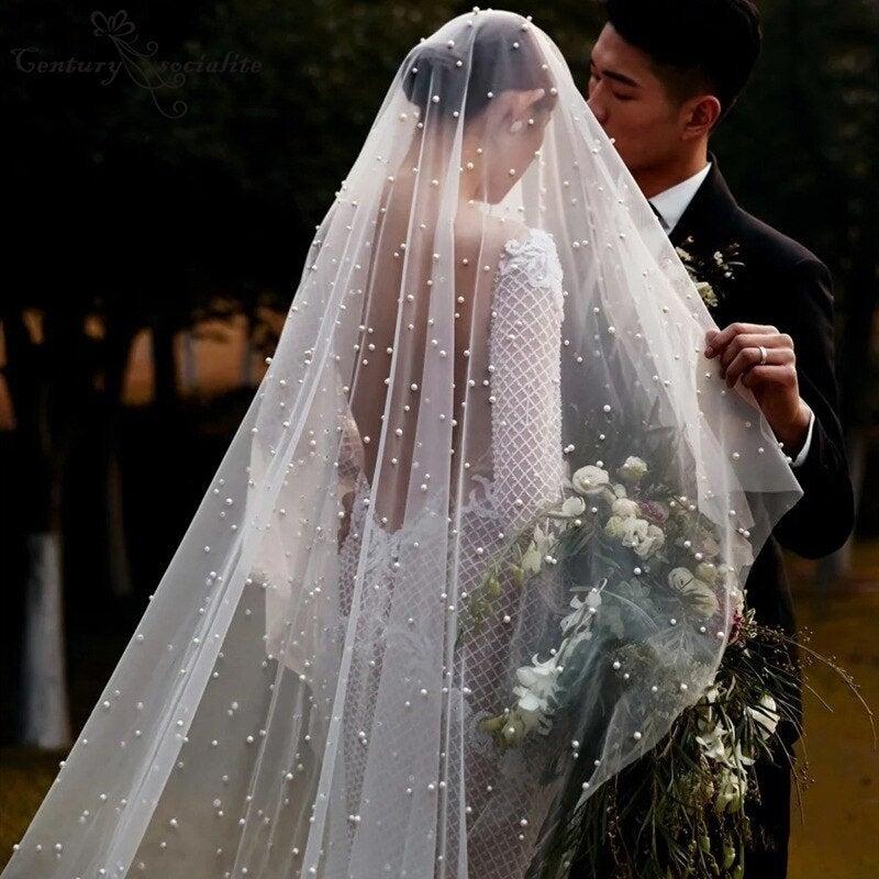 زفاف - Pearl Wedding Veil wedding veil Chapel bridal Modern Fingertip Veil Ivory Wedding Veil Single Tire Veil Simple Veil Single layer Veil