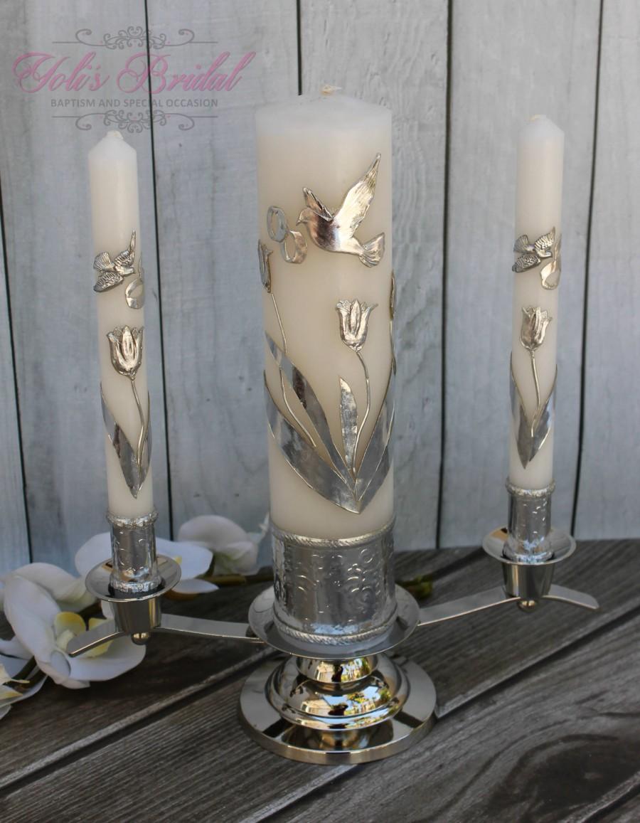 Wedding - FAST SHIPPING!! Beautiful Silver Unity Candle Set with Silver Base Included in a Gorgeous Deluxe Box. Introductory Price until July 15th.