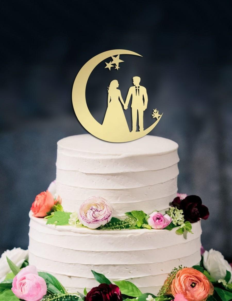 Hochzeit - Moon and Stars Cake Topper, Wedding Cake Topper, Couple silhouette, Moon cake topper, Custom Cake Topper