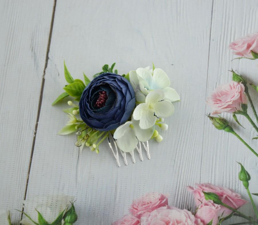 Hochzeit - Navy Blue floral hair comb for girl/ Bridesmaid chair/ Flower girl comb/ Floral accessory/ Romantic wedding/ Floral comb/ Flower hairpiece