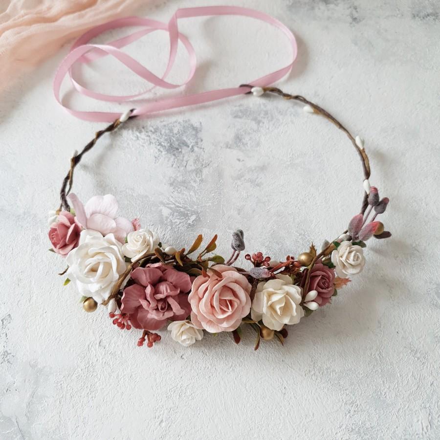 Mariage - Blush pink dusty gold flower crown Bridal dusty flower crown Dusty pink blush headpiece Fall wedding dusty flower headpiece