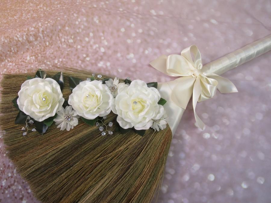 Wedding - Wedding Broom with Bling for Jump The Broom Ceremony - Cascading Ivory Roses - (Ivory Ribbon) *PLEASE READ AD Below for Details