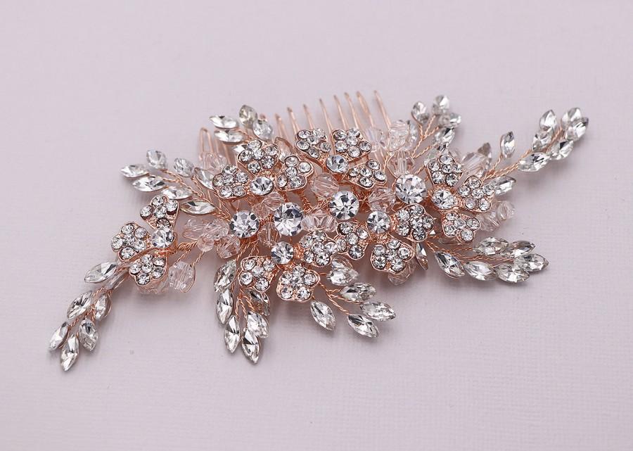 Hochzeit - Crystal Wedding Comb Rose Gold, Large Wedding Hair Comb, Handmade Wedding Comb, Crystal Bridal Comb, Railey Rose Gold Crystal Hair Comb