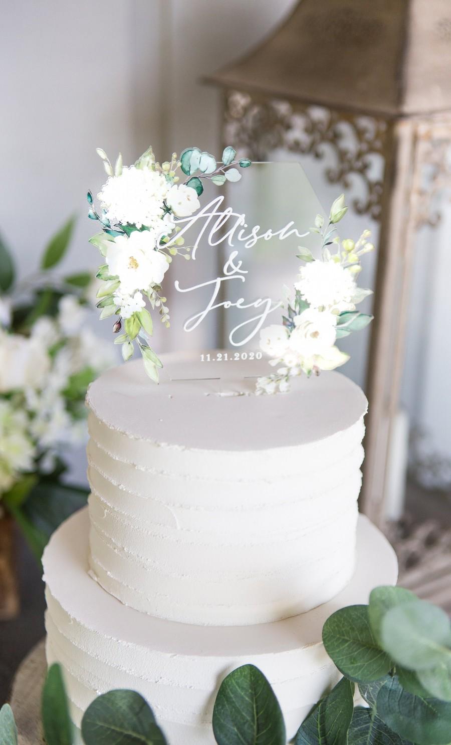 زفاف - Wedding Cake Topper Clear Acrylic Floral Personalized Cake Topper Wedding Decor with Names Modern Classic Cake Topper (Item - CHR949)