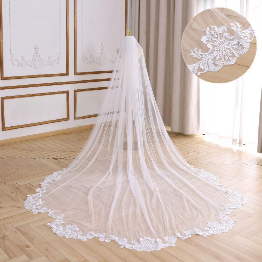 زفاف - New Scallop Hem Lace Bridal Veil Cathedral Wedding Veil Floral Lace Veil Soft Tulle Wedding Veil  Ivory Chapel Single Layer Bridal Veil