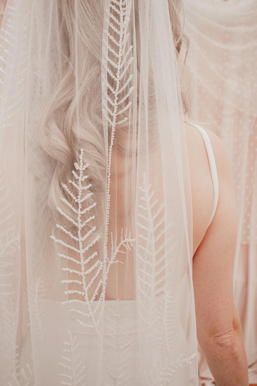 Wedding - Beaded Leaf embroidered wedding veil, bridal veil, long, bohemian wedding veil