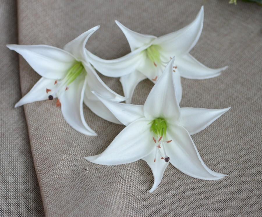 Mariage - White Tiger Lily Head Blooms Real Touch Flowers DIY Wedding Cake Toppers
