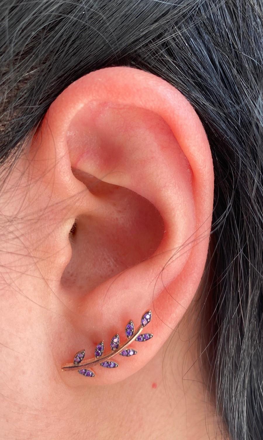 Mariage - Amethyst Leaf Stud Earrings, Silver Ear Climber, Bridesmaid Gift