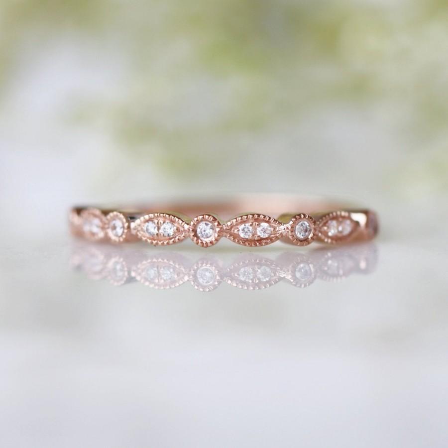 Hochzeit - Rose Gold Wedding Band - 14K Rose Gold Vermeil Stackable Ring- Matching Ring- Milgrain Band- Half Eternity Band- Anniversary Gift For Her