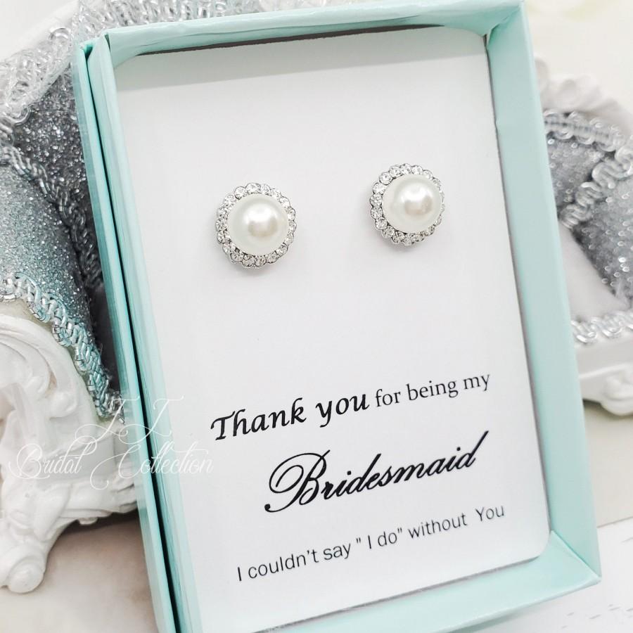 Hochzeit - Silver 8mm Pearl with around stone Earrings, Bridesmaid Earrings Gift