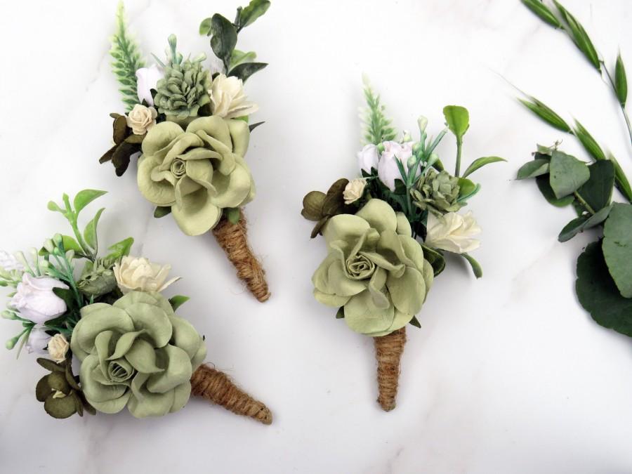 Mariage - Wedding Boutonniere, Sage Green Boutonniere, Rustic Button Hole