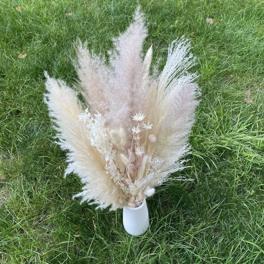 Wedding - Boho Dried Flower Bouquet - pampas grass/Palm leaf, Bunny Tails & Italian White Ruscus Bundle—Gift idea-B03