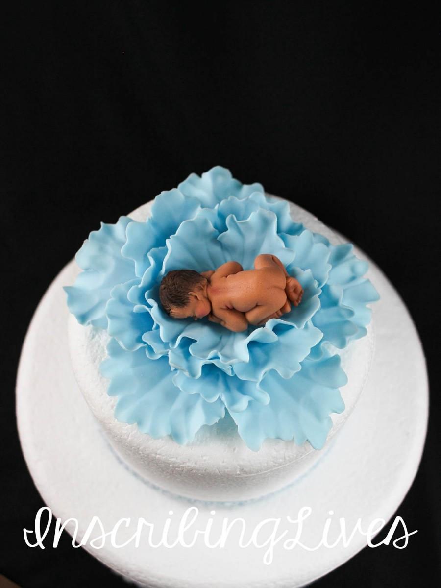 Свадьба - baby boy shower cake topper baby on flower cake topper naked baby edible decorations baby blue fondant cake topper InscribingLives