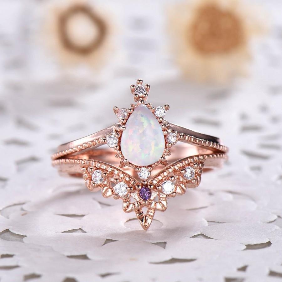 Mariage - Pear Shaped Fire Opal Rose Gold Wedding Ring Set Amethyst CZ Diamond Stackable Band Engagement Bridal Ring Art Deco Vintage Anniversary Gift