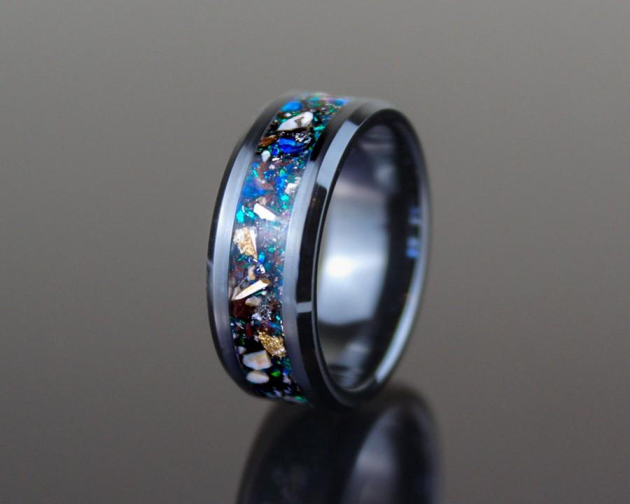 Wedding - Meteorite Ring, Dinosaur Bone Ring, Meteorite and Dinosaur Ring, Blue and Green, Galaxy Ring