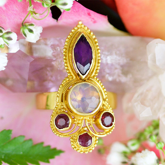Wedding - 22K Gold Multistone Ring With Australian White Faceted Opal Rubies And Amethyst Gemstone Engagement Ring Boho Bohemian