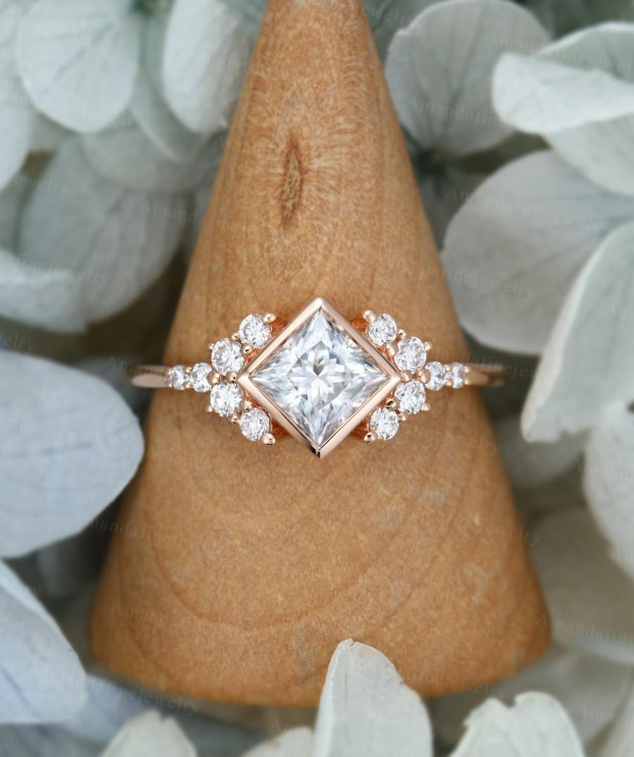 Wedding - Princess cut Moissanite engagement ring rose gold Unique Diamond Cluster engagement ring vintage Bridal Promise Anniversary delicate ring