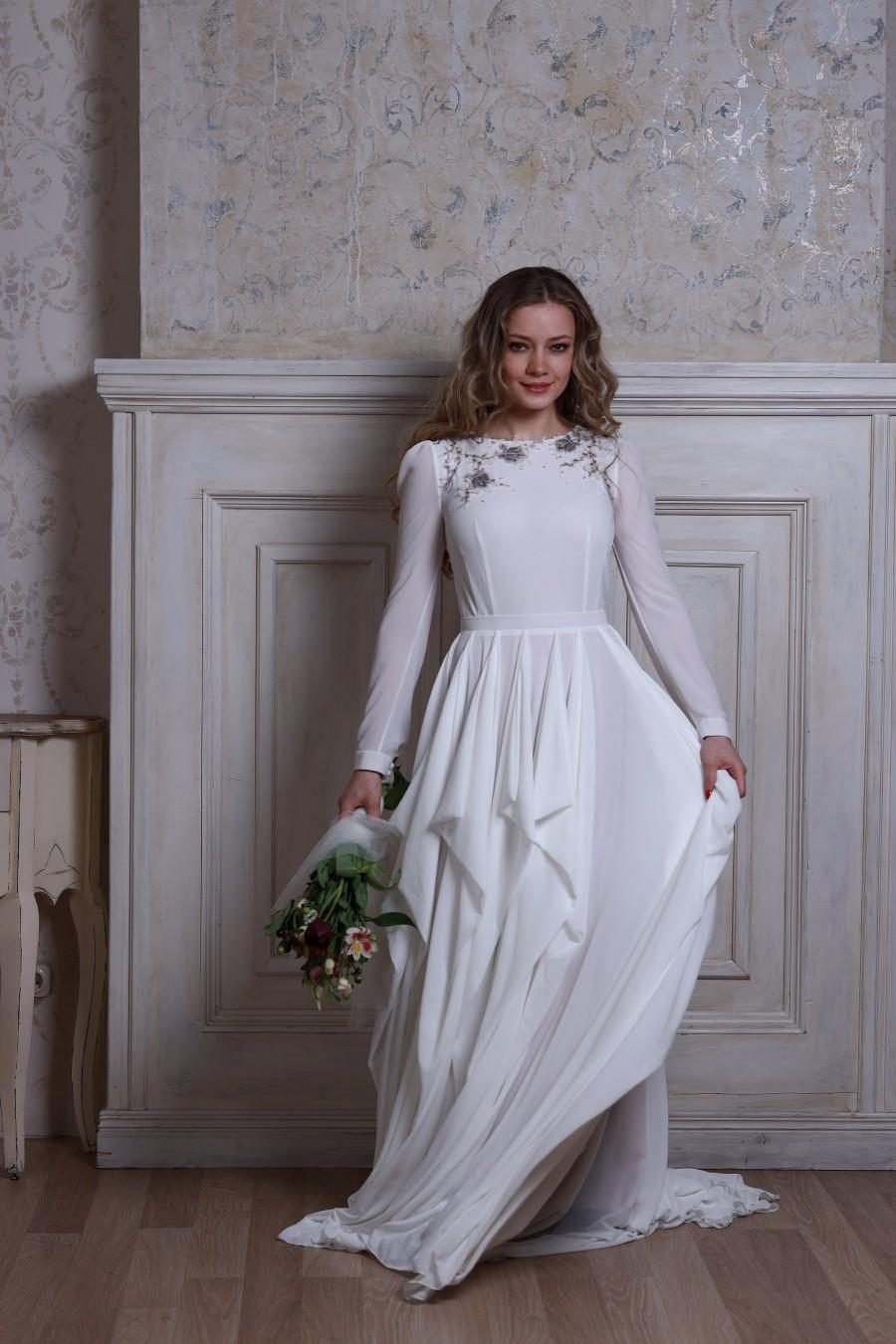 Mariage - Custom Unique white romantic delicate with long sleeve boho Silk wedding dress with embroidery around the neckline gown yours  measurements