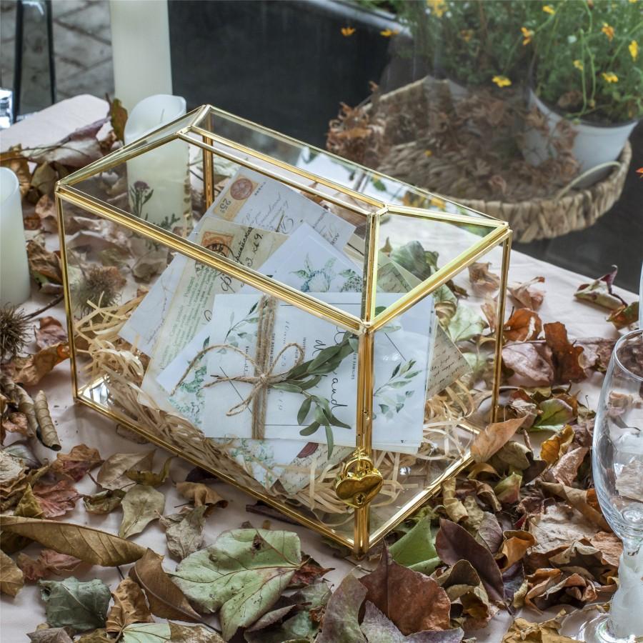 Wedding - Standard Large Geometric Glass Card Box Terrarium with Slot, Heart Lock, Foot, Gold Handmade Brass for Wedding Receiption Wishwell Keepsake