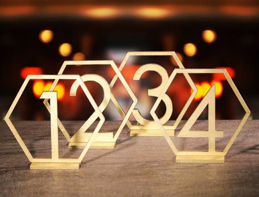 Wedding - Table Numbers Hexagon table numbers Wedding Table Numbers Gold table numbers Table decoration Numbers with base Wood table numbers