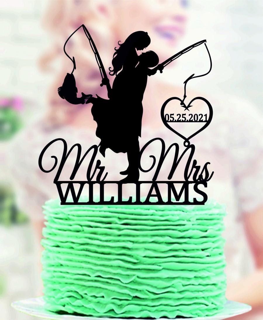 Wedding - Fishing Wedding Cake Topper, Bride and Groom with fishing rod, Mr and Mrs Cake Topper, Personalized Cake Topper Wedding,  Hooked for Life