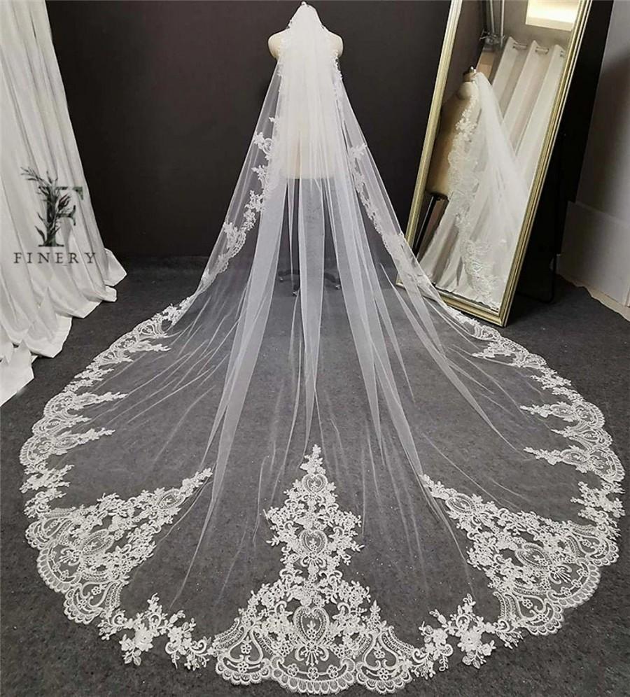 Hochzeit - White, Ivory Cathedral Wedding Veil, Lace Wedding Veil, Royal Veil, Lace Applique Veil, Lace Edge Veil, Lace Border, Regal