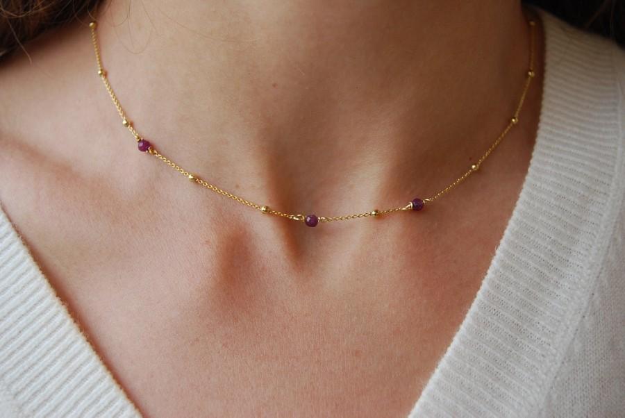 زفاف - Dainty Ruby necklace, sterling silver 925 necklace, minimalist necklace, delicate ruby necklace, stackable necklace, minimalist yewelry.