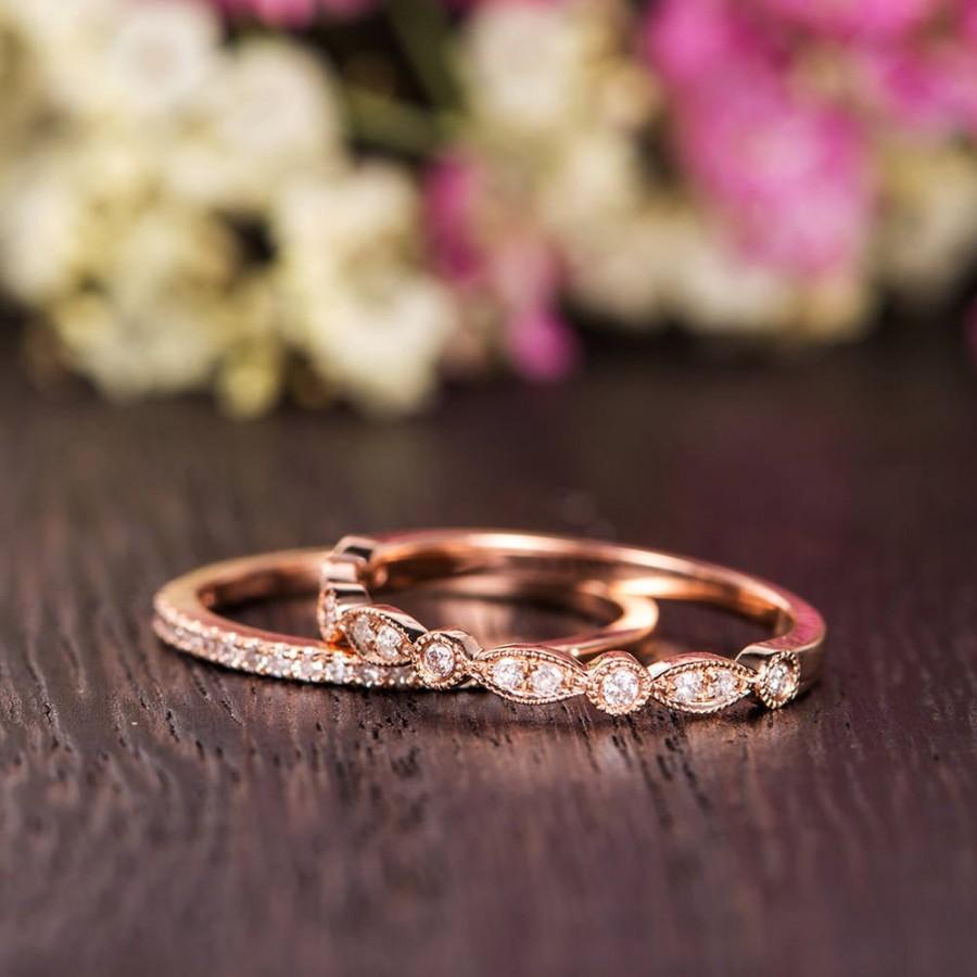 Mariage - Wedding Band Women Antique Ring Set Rose Gold Art Deco Diamond Wedding Ring Half Eternity Retro Stacking Anniversary Promise Milgrain 2pcs