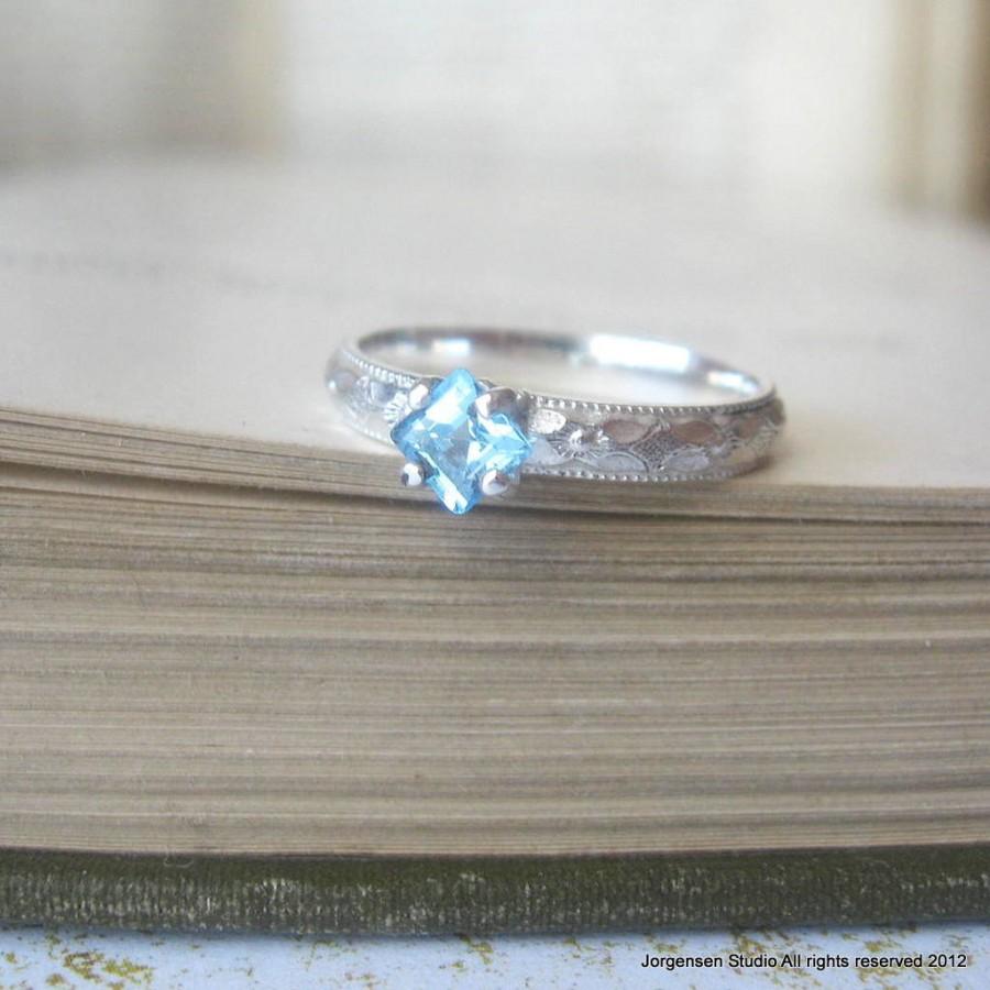 زفاف - Art Deco Gemstone Ring with Blue Topaz,  Square Alternative Engagement or Birthstone Stacking Ring in Sterling Silver, Vintage Style Ring