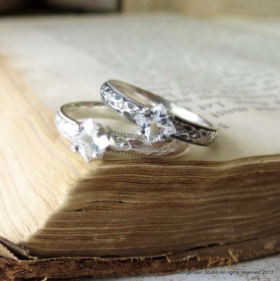 زفاف - White Topaz Ring Promise Ring for Her /  Gemstone Ring  Art Deco Ring Vintage Style Engagement Ring Square Princess Cut Stackable Gift