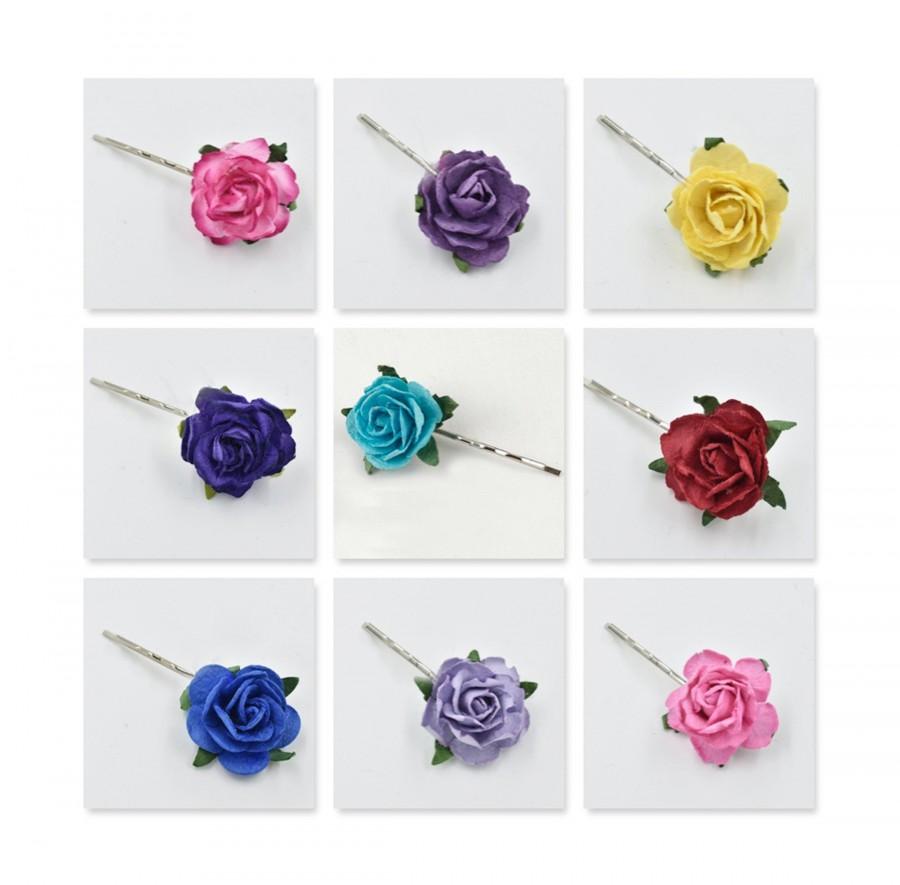 Hochzeit - Pretty Mulberry Rose Flower Kirby Hair Grips -  Flower Girls Bridesmaids Lots of Colours, Bridal HairAccessories