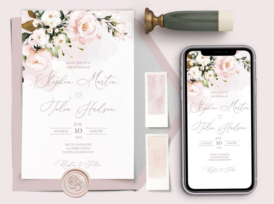 Wedding - Wedding Invitation Template with Watercolor soft blush pink Flowers, Floral, Editable, Printable Invite For Home Printing, Wedding Invites