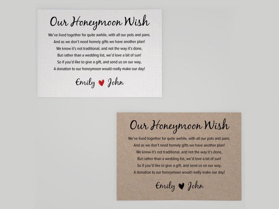 Hochzeit - Personalised Wedding Honeymoon Poem, Money Wish Gift Cards, on White Linen or Kraft Card