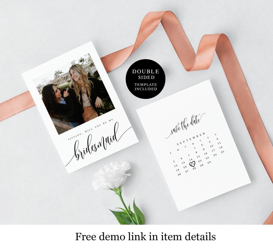زفاف - Printable Calendar Proposal Card Template, Templett, Will You Be My Bridesmaid Card With Picture, Instant download, DIY Personalized #f27