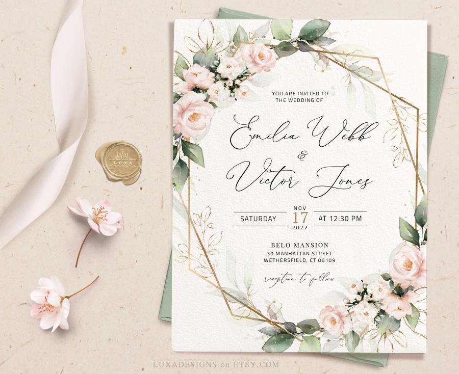 Mariage - Blush Floral Wedding Invitation Template, Blush Wedding Invite Template, Greenery Wedding Invitation, Printable Wedding Card, pdf, Lilian