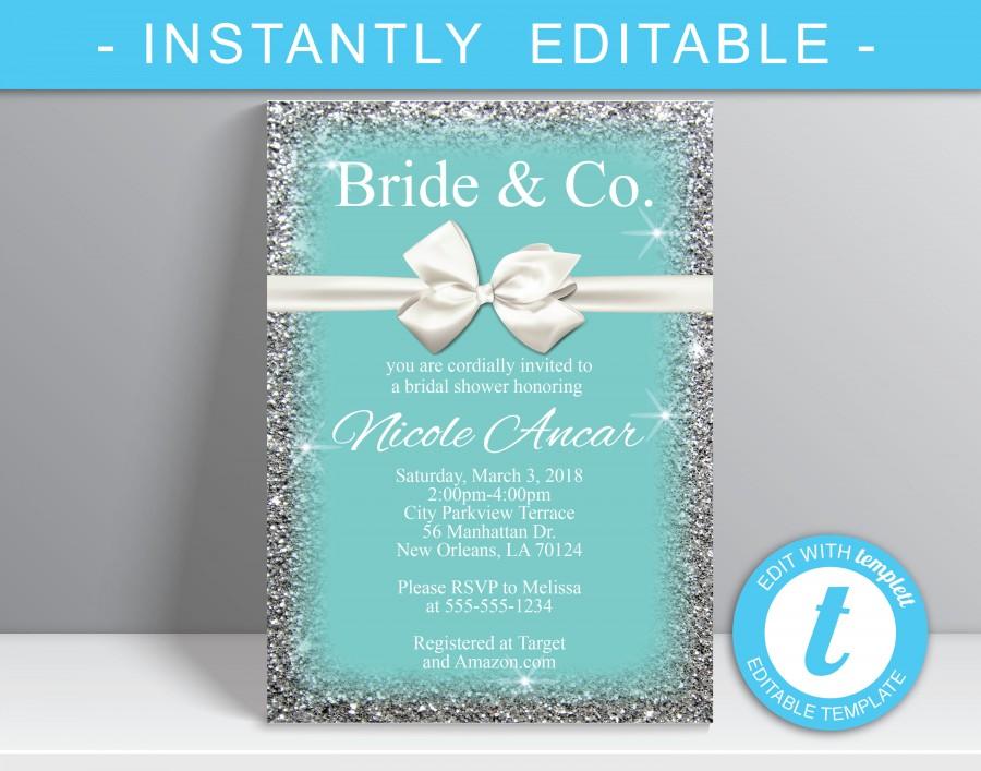 Hochzeit - Bride & Co. bridal Shower Invitation, Breakfast at Tiffanys, White bow Theme Invitation,  Digital Download - Nicole