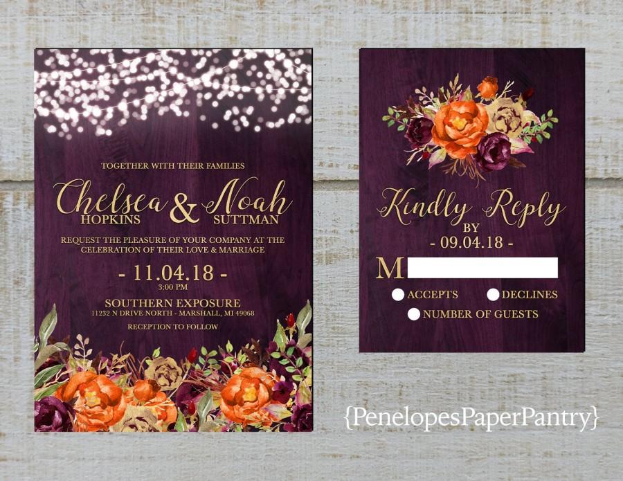 Mariage - Romantic Plum Floral Fall Wedding Invitation,Purple,Orange,Roses,Fairy Lights,Barn Wood,Gold Print,Shimmery,Printed Invitation,Wedding Set